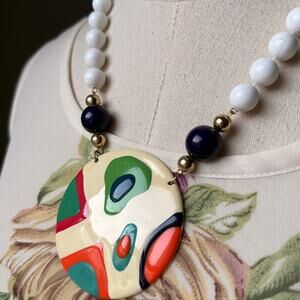 Vintage 70s Oversized Abstract Pendant Necklace | Enamel Raised Color Fields